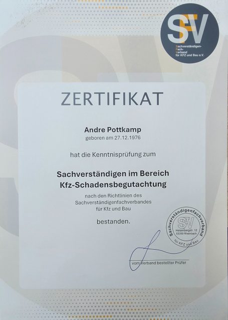 Zertifikat über Schulung im Bereich Sicherheitstechnik, unterschrieben und mit Siegel.