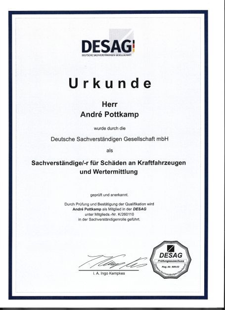 Urkunde für André Pfiffner von DESAG für technische Beratung und Schulungen.