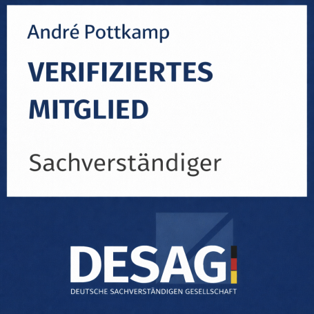 Logo von DESAG mit dem Text "Verifiziertes Mitglied" und dem Namen André Pottkamp.